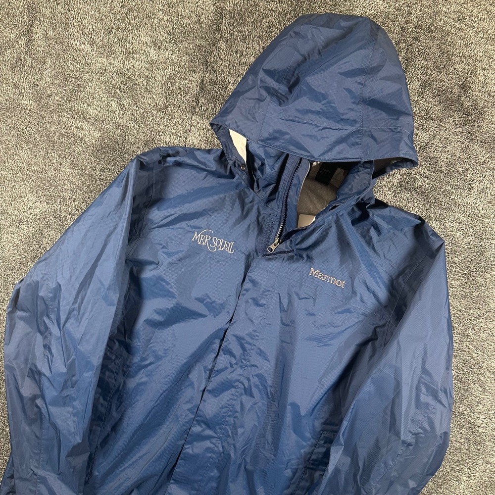 NWT Marmot Rain Jacket Mens XL Blue Embroidered Hooded Full Zip Mer Soleil Logo
